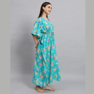 Turquoise Floral Print Cotton Kaftan For Women's - Image 4