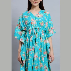 Turquoise Floral Print Cotton Kaftan For Women's - Image 5