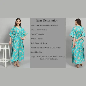 Turquoise Floral Print Cotton Kaftan For Women's - Image 7