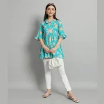 Turquoise Floral Print Cotton Tops For Women's