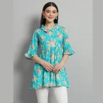 Turquoise Floral Print Cotton Tops For Women's - Image 2
