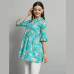 Turquoise Floral Print Cotton Tops For Women's - Image 3
