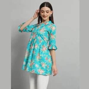 Turquoise Floral Print Cotton Tops For Women's - Image 3