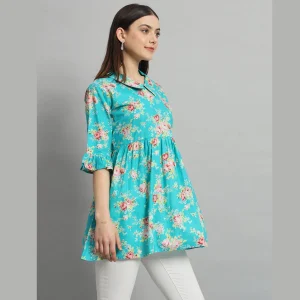 Turquoise Floral Print Cotton Tops For Women's - Image 4