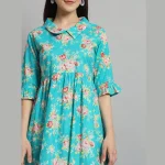 Turquoise Floral Print Cotton Tops For Women's - Image 5