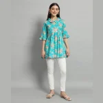 Turquoise Floral Print Cotton Tops For Women's - Image 6