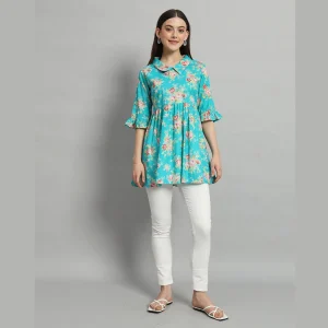 Turquoise Floral Print Cotton Tops For Women's - Image 6