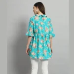 Turquoise Floral Print Cotton Tops For Women's - Image 7