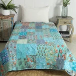 Turquoise Patchwork Kantha Quilt Twin Size Bedspread