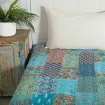 Turquoise Patchwork Kantha Quilt Twin Size Bedspread - Image 3