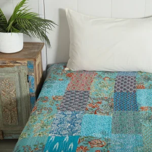 Turquoise Patchwork Kantha Quilt Twin Size Bedspread - Image 3