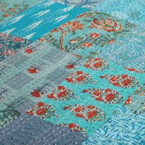 Turquoise Patchwork Kantha Quilt Twin Size Bedspread - Image 4