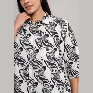 White and Black Zebra Printed Cotton Oversized Shirt - Image 8