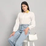 White Bishop Sleeve Button Up Cotton Shirts