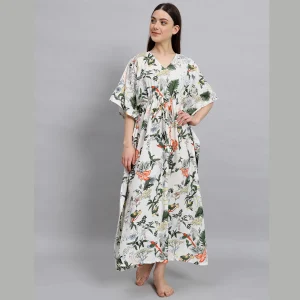 White Floral Print Beach Wear Cotton Kaftan - Image 3