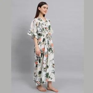 White Floral Print Beach Wear Cotton Kaftan - Image 4