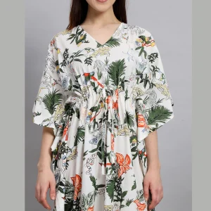White Floral Print Beach Wear Cotton Kaftan - Image 5