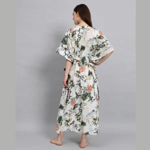 White Floral Print Beach Wear Cotton Kaftan - Image 6