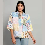 White Patchwork Pattern Women Cotton Shirts - Image 2