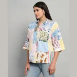 White Patchwork Pattern Women Cotton Shirts - Image 6