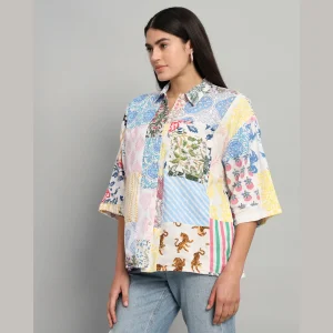 White Patchwork Pattern Women Cotton Shirts - Image 6
