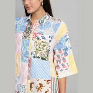 White Patchwork Pattern Women Cotton Shirts - Image 4