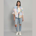 White Patchwork Pattern Women Cotton Shirts - Image 3