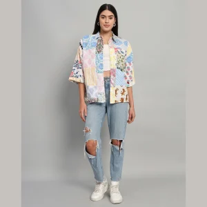 White Patchwork Pattern Women Cotton Shirts - Image 3