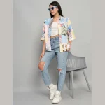 White Patchwork Pattern Women Cotton Shirts