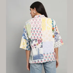 White Patchwork Pattern Women Cotton Shirts - Image 7