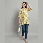 Women 3/4 Bell Sleeve Tops Beige Floral Printed Shirts