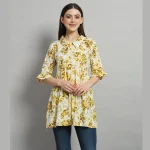 Women 3/4 Bell Sleeve Tops Beige Floral Printed Shirts - Image 2