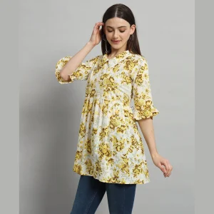Women 3/4 Bell Sleeve Tops Beige Floral Printed Shirts - Image 3