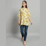 Women 3/4 Bell Sleeve Tops Beige Floral Printed Shirts - Image 6