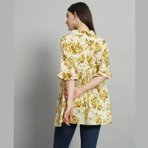 Women 3/4 Bell Sleeve Tops Beige Floral Printed Shirts - Image 7