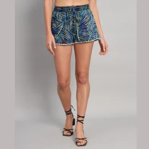 Women Beach Wear Cotton Short Blue Leaf Print - Image 3