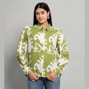 Women Beach Wear Green Ikat Printed Shirts - Image 3