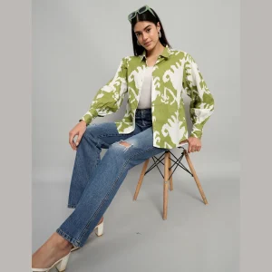 Women Beach Wear Green Ikat Printed Shirts - Image 6