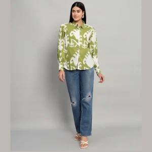 Women Beach Wear Green Ikat Printed Shirts - Image 8