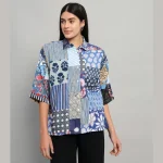 Women Beach Wear Oversized Shirts Blue Patchwork - Image 2