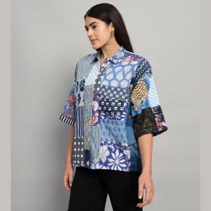 Women Beach Wear Oversized Shirts Blue Patchwork - Image 7