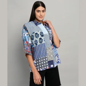 Women Beach Wear Oversized Shirts Blue Patchwork - Image 6