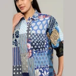 Women Beach Wear Oversized Shirts Blue Patchwork - Image 5