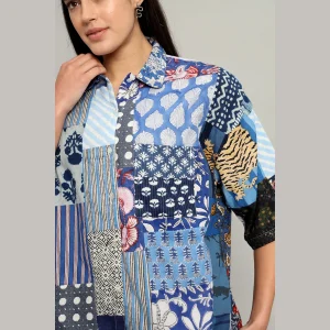 Women Beach Wear Oversized Shirts Blue Patchwork - Image 5