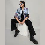 Women Beach Wear Oversized Shirts Blue Patchwork - Image 3