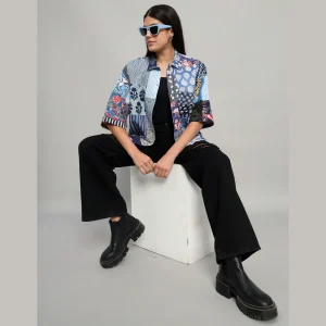 Women Beach Wear Oversized Shirts Blue Patchwork - Image 3