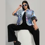 Women Beach Wear Oversized Shirts Blue Patchwork