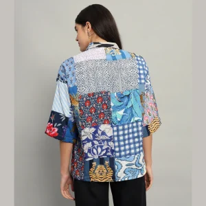 Women Beach Wear Oversized Shirts Blue Patchwork - Image 8