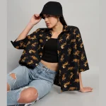 Women Black Panther Print Cotton Oversized Shirts