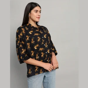 Women Black Panther Print Cotton Oversized Shirts - Image 4